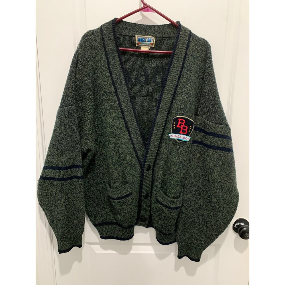 Vintage Bugle Boy Global Challenge Cardigan Sweater Green Navy Blue 90s Crest
